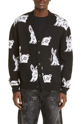 AMIRI Rabbit Repeat Jacquard Wool & Silk Cardigan in Black/White