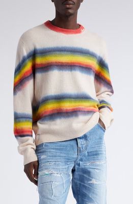 AMIRI Rainbow Tie Dye Distressed Cashmere Crewneck Sweater in Rainbow Multi