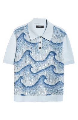 AMIRI Sequin Wavy Knit Wool Polo in Ashley Blue