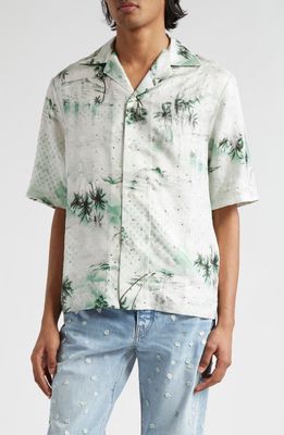 AMIRI Shotgun Tropical Print Silk Camp Shirt in Mineral Green