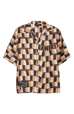 AMIRI Snake Checkerboard Silk Camp Shirt in Brown