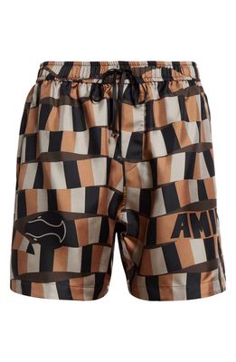 AMIRI Snake Checkerboard Silk Shorts in Brown