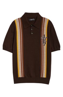AMIRI Stacked Logo Stripe Wool & Cotton Polo Sweater in Brown