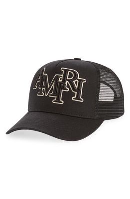 AMIRI Staggered Logo Trucker Hat in Black/Alabaster