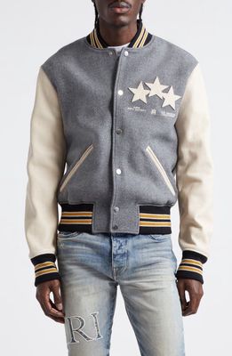 AMIRI Star Appliqué Leather Sleeve Virgin Wool Blend Varsity Jacket in Grey