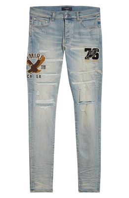 AMIRI Varsity Eagle Logo Ripped Skinny Jeans in Antique Indigo