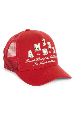 AMIRI Varsity Logo Trucker Hat in Red