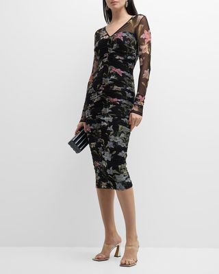 Amonia Illusion-Sleeve Floral-Print Midi Dress