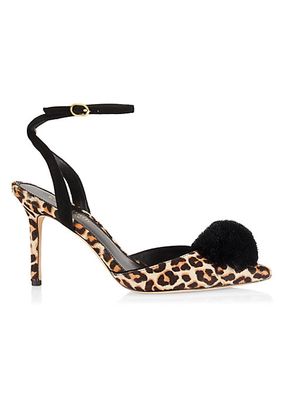 Amour Pom Leopard-Print Calf Hair Ankle-Strap Pumps