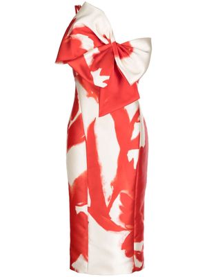 Amsale abstract-print oversize-bow midi dress - Red