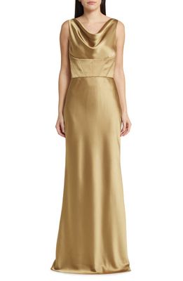 Amsale Cowl Neck Corset Satin Gown in Gold