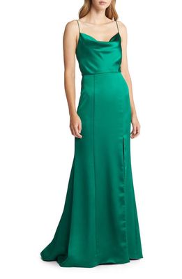 Amsale Cowl Neck Leg Slit Fluid Satin Gown in Emerald