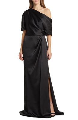 Amsale Gathered One-Shoulder Satin Gown in Black