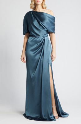 Amsale Gathered One-Shoulder Satin Gown in Petrol