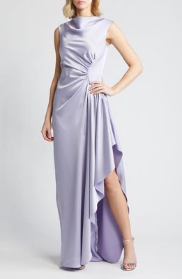 Amsale Half Moon Asymmetric Hem Satin Gown in Lilac