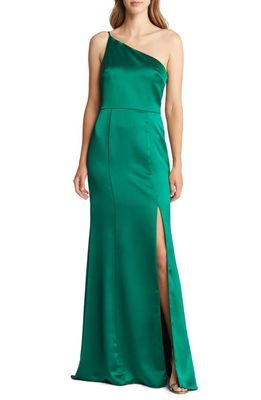 Amsale Kaia One-Shoulder Satin Gown in Emerald