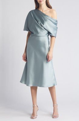 Amsale One-Shoulder Fluid Satin Cocktail Midi Dress in Jade