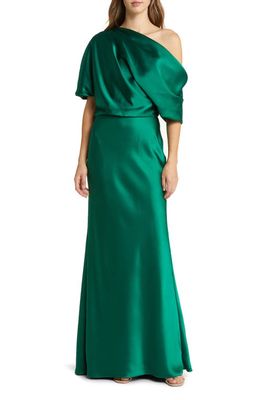 Amsale One-Shoulder Fluid Satin Gown in Emerald