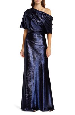 Amsale One-Shoulder Metallic Velvet Gown in Navy