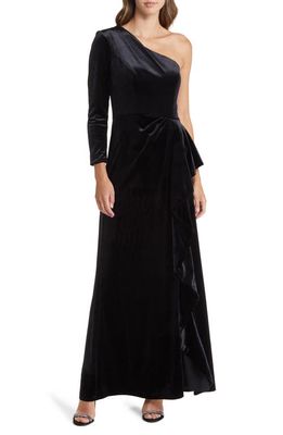 Amsale One-Shoulder Single Long Sleeve Velvet Gown in Black