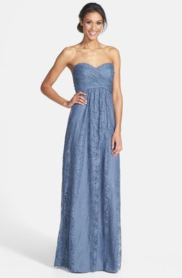 Amsale Pleated Lace Sweetheart Strapless Gown in Slate