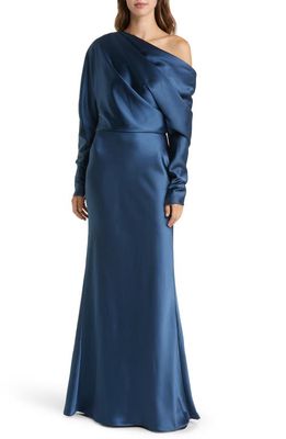 Amsale Pleated One-Shoulder Long Sleeve Satin Gown in French Blue