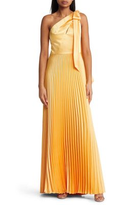 Amsale Pleated One-Shoulder Satin Gown in Marigold