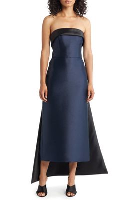 Amsale Two-Tone Strapless Watteau Gown in Navy/Black