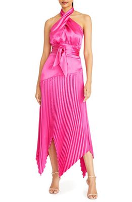 AMUR Dixon Pleated Coss Neck Halter Dress in Pink Hydrangeas