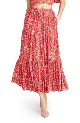 AMUR Murphy Floral Tiered Midi Skirt in Rosewood Kaleidoscope Paisley