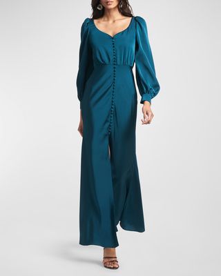 Amy Blouson-Sleeve Button-Down Gown