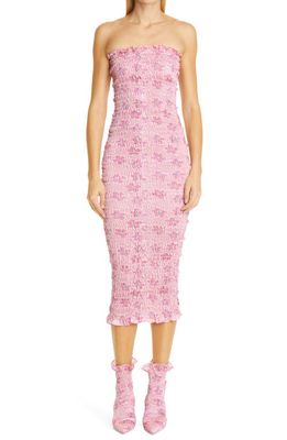 Amy Crookes Floral Print Shirred Tube Dress in Pink Daisy