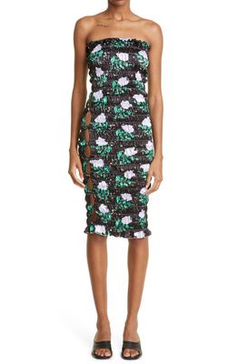 Amy Crookes Floral Shirred Satin Tube Dress in Black Wallpaper Floral
