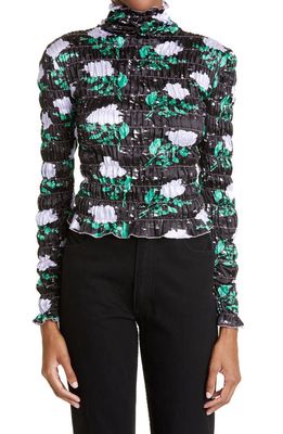 Amy Crookes Floral Shirred Turtleneck Top in Black Wallpaper Floral