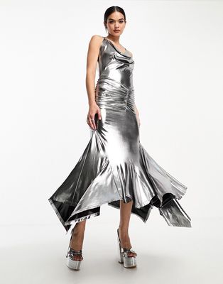Amy Lynn Alaska strappy halter midi dress in liquid silver