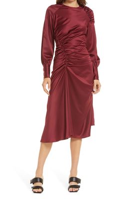 Amy Lynn Asymmetrical Long Sleeve Midi Dress in Wine