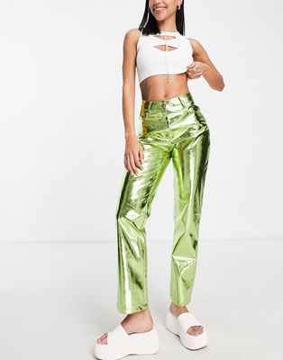 Amy Lynn high rise fluid metallic pants in iridescent green