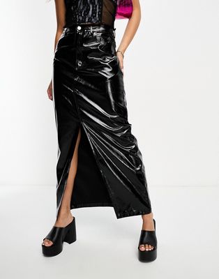 Amy Lynn Lupe maxi skirt with front slit in metallic black