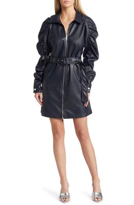 Amy Lynn Ruched Long Sleeve Faux Leather Shirtdress in Navy Blue
