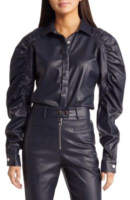 Amy Lynn Ruched Puff Sleeve Faux Leather Shirt in Navy Blue