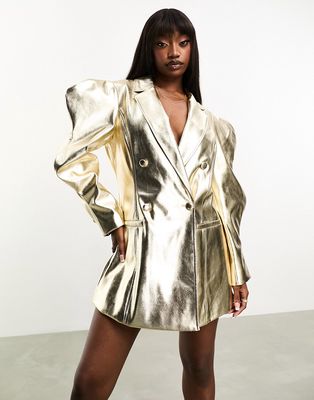 Amy Lynn soft stretch PU blazer dress with extreme sleeve in light gold metallic