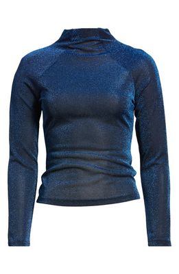 Amy Lynn Sparkle Funnel Neck Long Sleeve Shirt in Navy Blue