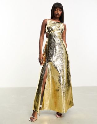 Amy Lynn textured lupe maxi dress with open back in gold metallic