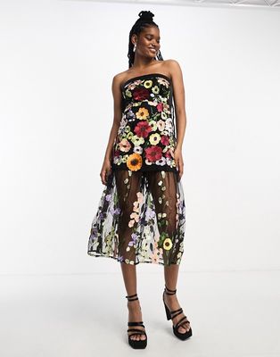 Amy Lynn Zion bandeau maxi dress in black based floral embroidery-Neutral