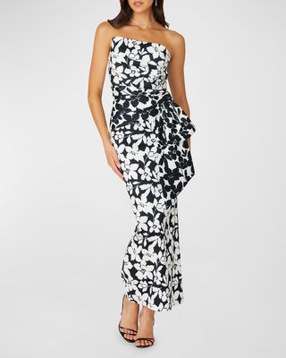 Ana Strapless Draped Floral-Print Column Gown