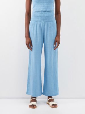 Anaak - Maya Shirred Cotton Wide-leg Trousers - Womens - Light Blue