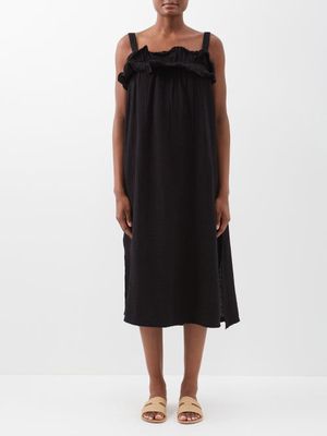 Anaak - Noemi Ruffled-neck Cotton Dress - Womens - Black