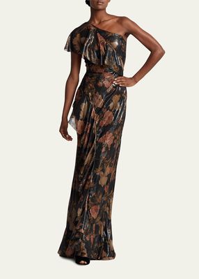 Anahita Floral-Print Lamé Ruffle One-Shoulder Gown