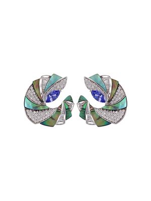 Ananya 18kt white gold miniature demi Mogra c-clip abalone blue, tanzanite, diamond and mother-of-pearl earrings