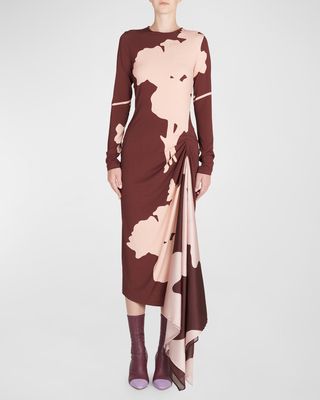 Ananya Gathered Drape Long-Sleeve Midi Dress